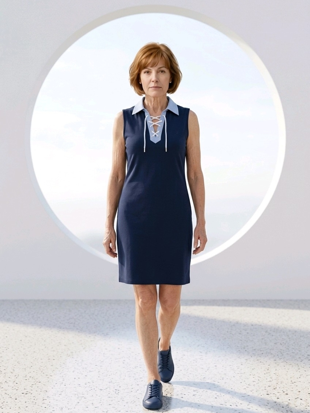 Nautica Navy Dress with White Lace-Up Denim Collar